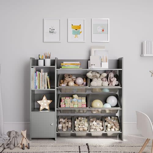 Sturdis Toy Storage Organizer with Bookshelf, Kids Playroom Organization Shelving Unit with Removable Storage Bins & Safety Anti-Tip Bracket, Gray