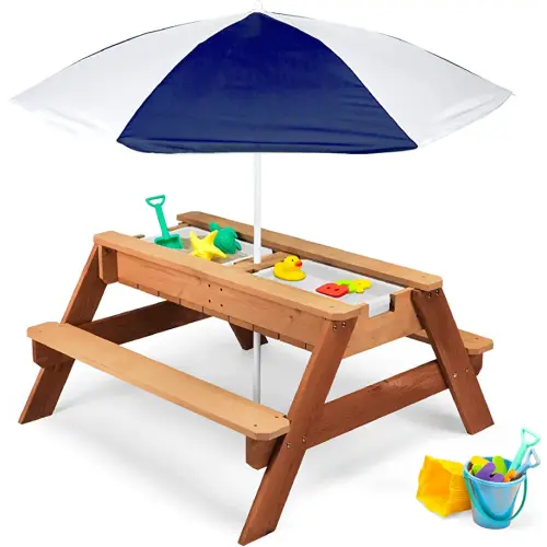 Best Choice Products Kids 3-in-1 Sand & Water Activity Table, Wood Outdoor Convertible Picnic Table w/Umbrella, 2 Play Boxes, Removable Top - Navy