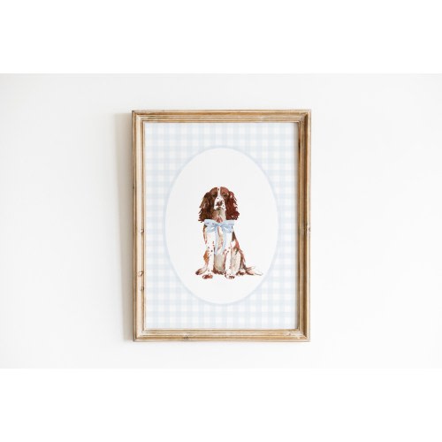 English Springer Spaniel Nursery Decor, Watercolor ESS Dog Nursery Print, Baby Boy Nursery, Blue Gingham Wall Print, Girl Room Bow Decor