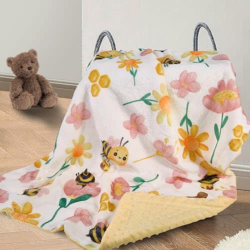 Bee Baby Blanket for Girls Soft Fleece Minky Blanket with Dotted Backing Double Layer Newborn Toddler Blankie for Nursery Stroller Crib Gift to Son Nephew Grandson 26.5 * 40 Inches