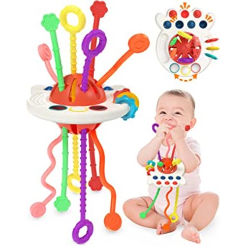 Yetonamr Baby Sensory Montessori Toy for 6-12-18 Months, Pull String Silicone Teething Toy, Birthday Gift Travel Toy for 1 2 Year Old Boy Girl Infant Toddlers 8 9 10 Months Old