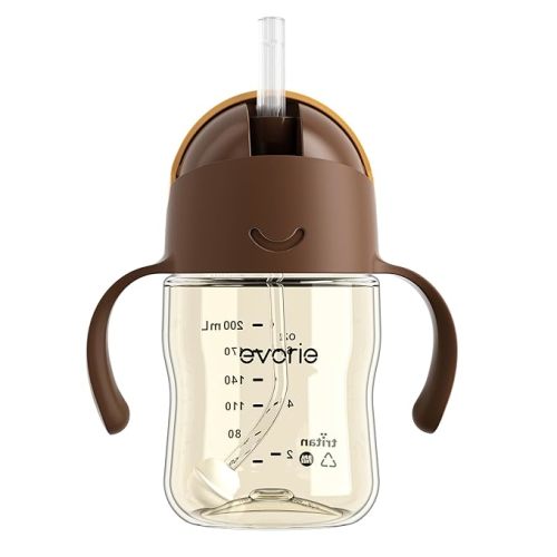 Evorie Tritan Weighted Straw Sippy Cup with Handles for Baby and Toddlers, Spill Proof Baby Water Bottle with Straw for 6 Months and up, 7 Oz, Infant Training Water Bottle (Brown)