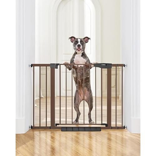 Cumbor 29.7-46" Baby Gate for Stairs, Mom's Choice Awards Winner-Auto Close Dog Gate for the House, Easy Install Pressure Mounted Pet Gates for Doorways, Easy Walk Thru Wide Safety Gate for Dog, Brown