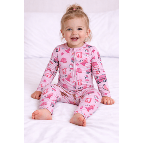 Pink Firefighter  Bamboo Zipper Footie