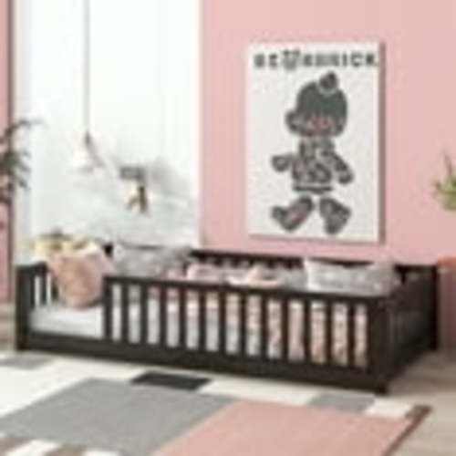 Twin Floor Bed, Wooden Montessori Bed Frame with Fence, Floor Platform Bed with Slats Support, Montessori Floor Bed for Toddlers Boy Girls, Espresso