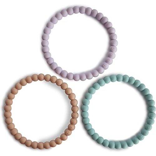 mushie Pearl Teether Bracelet | 3-Pack (Lilac/Cyan/Soft Peach)