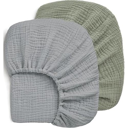 Pro Goleem 2 Pack Muslin Crib Sheets for Boys and Girls, Soft Breathable Neutral Fitted Cotton Baby Bed Sheets Set for Standard Crib Mattress & Toddler Mattress 52"x28", (Grey＆Green)