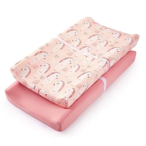 TILLYOU Changing Pad Cover Set in Soft Jersey Material - Fits 32"/34''x16 Contoured Pad for Babies, Unicorn & Meat Powder
