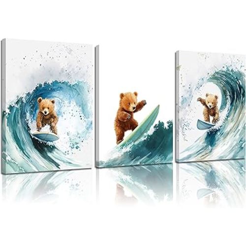 KKP Teddy Bear Surf Canvas Prints Wall Art Nautical Nursery Wall Decor Blue Ocean Painting Picture Surf Room Artwork for Coastal Kids Bedroom Bathroom Playroom Home Decoration 12x16 in Wrapped Canvas
