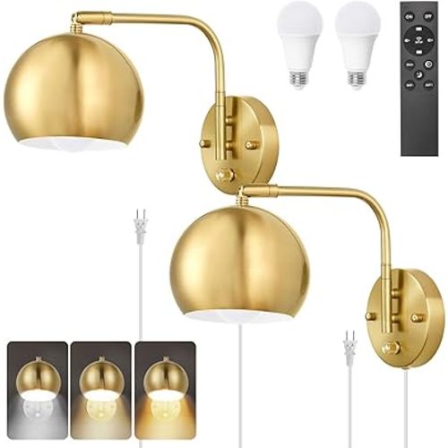 Wall Sconce with Remote Control, Plug in Wall Sconces Dimming 0-100% and Adjustable Color Temperature 2700K-6000K, Brushed Brass Globe Swing Arm Wall Lights with Plug in Cord(2 Pack, 2 Bulbs)