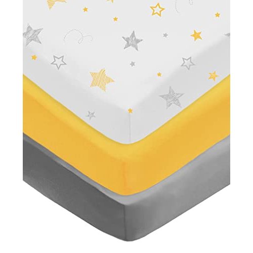 American Baby Company 3 Pack Fitted Crib Sheets 28" x 52", Soft Breathable Neutral 100% Cotton Jersey Sheet, Yellow Star/Yellow/Gray, for Boys and Girls, Fits Crib and Toddler Bed mattresses