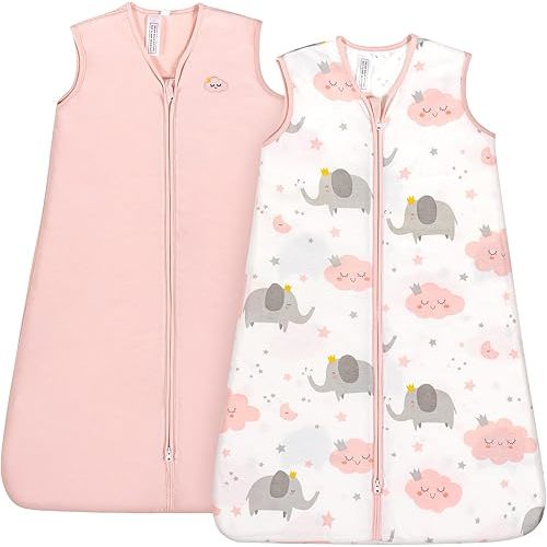 TILLYOU Sleep Sack 0-6 Months - 0.5 TOG Baby Wearable Blanket with 2-Way Zipper, Extra Soft Cotton Sleeveless Sleepsack 2 Pack, Pink Elephant & Cloud