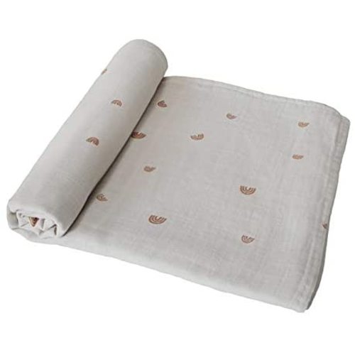 mushie Muslin Baby Swaddle Blanket | 100% Organic Cotton (Rainbows)