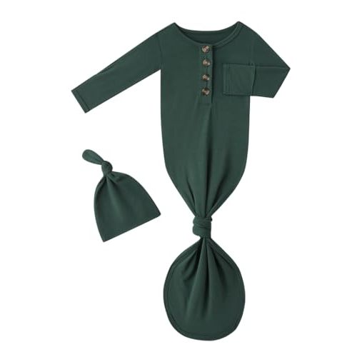 Newborn Baby Boys Girls Knotted Gown Headband/Hat Set Clothes Bamboo Viscose Soft Sleeper Sleep Gown with Mittens