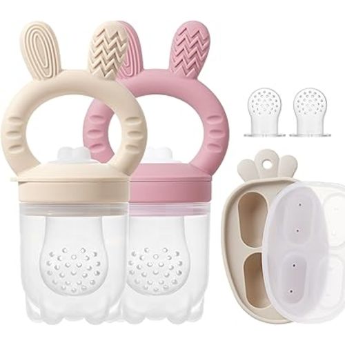 Silicone Baby Fruit Feeder with Freezer Tray Baby Food Feeder Popsicle Molds for Teething Relief Includes Extra Food Pouches (Beige+Rose)