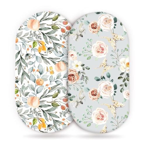 GRSSDER Stretchy Ultra Soft Fitted Bassinet Sheet Set 2 Pack for Girls Universal Fit for Baby Cradle Moses Basket Oval Rectangle Mattress, Watercolor Flowers and Fruits