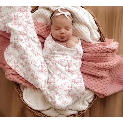 Toile Bunny Baby Girl Personalized Swaddle Set/Easter Baby Gift/Rose Pink Toile Rabbit and Butterfly Blanket/Baby Shower Gift Coquette