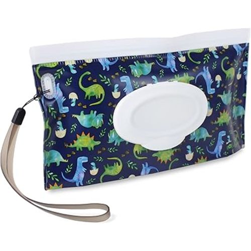 Itzy Ritzy Travel Wipes Case - Reusable Wipe Pouch – Take & Travel Pouch Holds Up to 30 Wet Wipes, Includes Silicone Wristlet Strap, Raining Dinosaurs