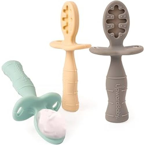 Upward Baby 3 pack Silicone Baby Feeding Spoon with Anti Choke Barrier - Baby Spoons Self Feeding 6 Months - First Stage Infant Supplies and Toddler Utensils - Baby Led Weaning Soft-Tip Training Spoon