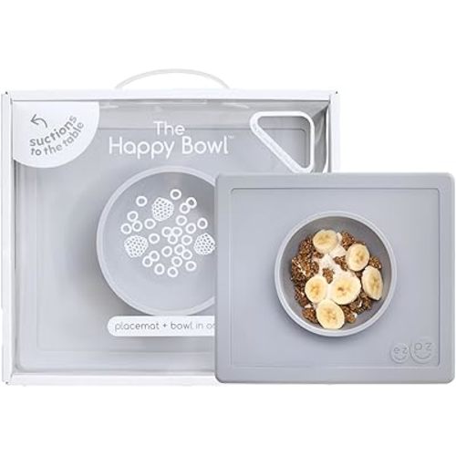 ezpz Happy Bowl - 24 Months + (Pewter) - 100% Silicone Suction Bowl with Built-in Placemat – Dishwasher Safe