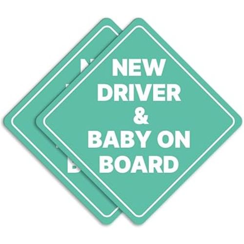 GEEKBEAR New Driver and Baby on Board Car Sign - Sticker or Magnet & Color Options, Weather-Resistant - Diamond Shape 6.8 x 6.8 in (Mint, Reflective Magnet)