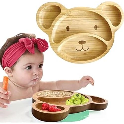 Bamboo Plates for Kids - Baby & Toddler Plates with Suction for Feeding & Weaning, Eco-Friendly Bear Design Promotes Self-Feeding, Ideal for Busy Moms & Dads, Sturdy & BPA-Free (Mint)