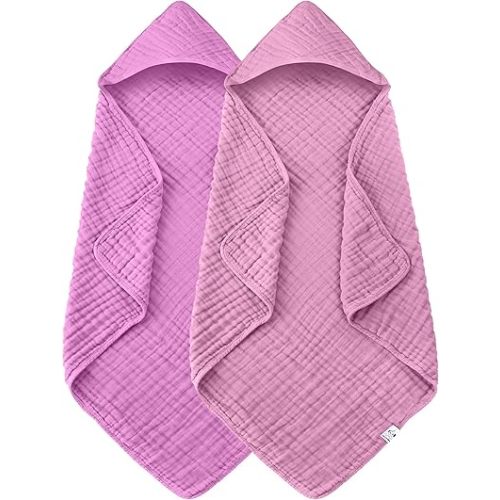 2 Pack Hooded Baby Towels - 100% Muslin Cotton for Newborns, Infants, Toddlers - Large 32x32 Inch Size - Highly Absorbent and Essential for Newborn Care, Deep Sakura