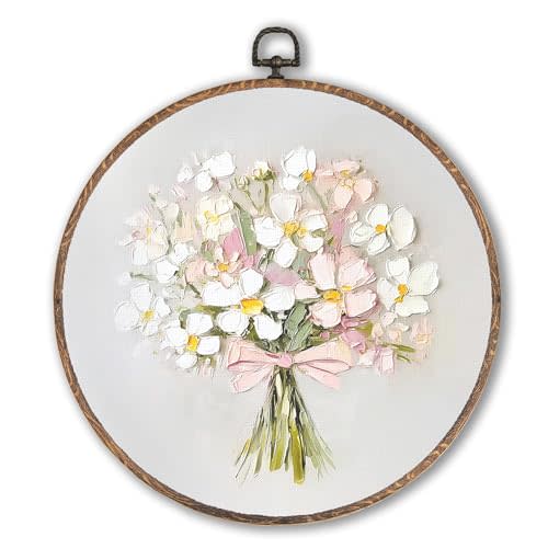 Hxlac Coquette Pink Bow Floral Bouquet Round Wall Art Framed, White Floral Round Wall Decor, Vintage Flower Hanging Canvas Prints Wall Sculptures for Home Bedroom Living Room Decor, 10x10 Inch