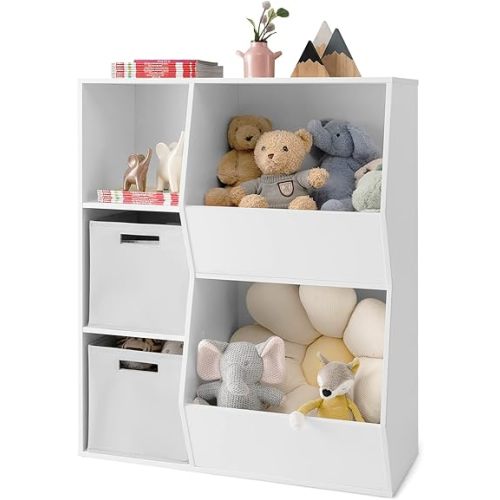 GLACER 5-Cube Kids Toy Storage Organizer, Freestanding Wooden Bookcase Bookshelf w/ 2 Removable & Foldable Bins, Open Multi-bin Storage Display Cabinet for Kids Room, Play Room, Nursery, White