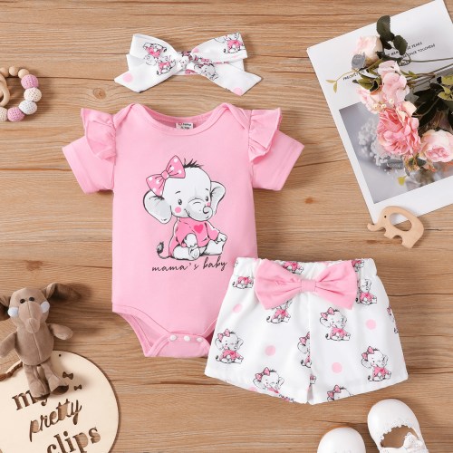 PatPat Baby Girl Clothes Set Ruffle Sleeve Bodysuit Elephant Shorts Headband Mothers Day Baby Gift0-3 Months