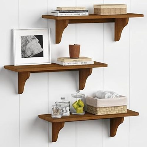 Forbena Wooden Floating Shelves for Wall Set of 3, 24 Inch Wall Shelf for Bedroom, Dark Wood Arched Hanging Wall Shelves for Bedroom, Living Room, Office, Nursery, Dining Room (Walnut Brown)