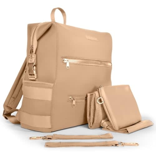 BUNSO Neoprene Diaper Bag, Minimalist Backpack Diaper Bag with Pouch, Changing Pad, and Stroller Straps, Water Resistant and Lightweight Baby Diaper Bag Backpack, Womens and Mens Diaper Bag, Khaki