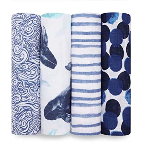 aden + anais Swaddle Blanket, Boutique Muslin Blankets for Girls & Boys, Baby Receiving Swaddles, Ideal Newborn & Infant Swaddling Set, 4 Pack, Seafaring