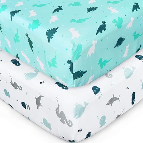 Crib Sheets for Boys or Girls 2-Pack, Fitted Sheet 52'' x 28'' Standard & Toddler Mattres, Soft and Breathable Material, Baby Neutral, Dinosaurs Ocean