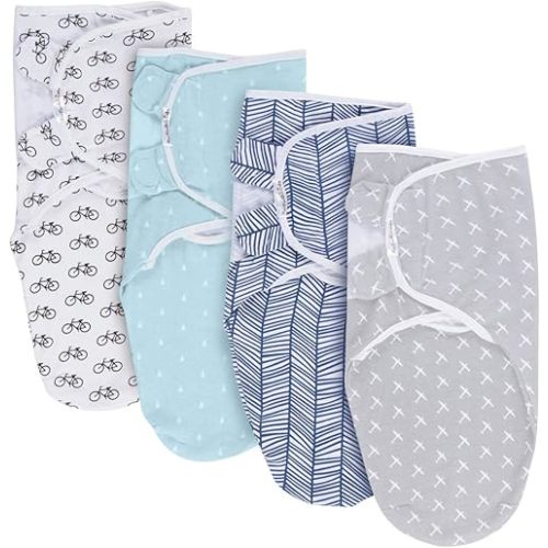 BaeBae Goods Swaddle Blanket, Adjustable Infant Baby Swaddling Wrap Set of 4, Baby Swaddling Wrap Blankets for Boys and Girls Made in Soft Cotton (0-3 Months, Black Bicycles)