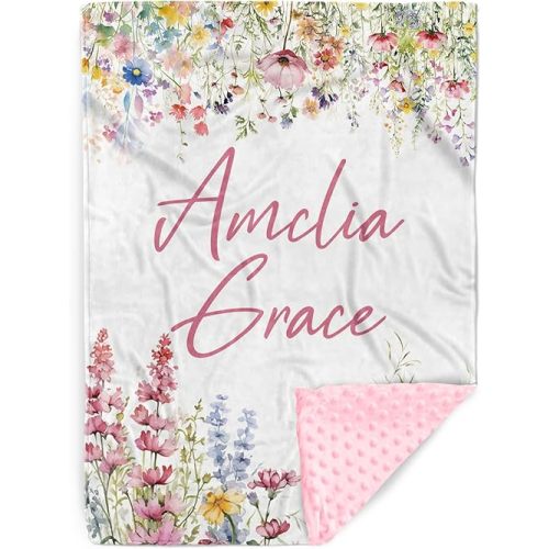 Personalized Baby Blankets with Name – Custom Baby Girl Blanket with Charming Floral Design – Soft Minky Dot Blanket for Crib, Nursery, Stroller – Custom Baby Gift for Girls