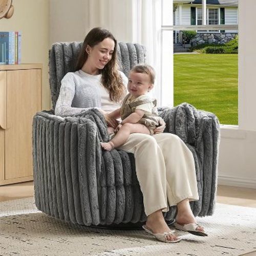 AMERLIFE Power Recliner Nursery Chair, Electric Swivel Rocking Glider with USB & Type-C, Plush Corduroy Armchair with 2 Pillows, Grey