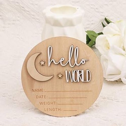 Birth Announcement Sign, 5.91 Inch Wooden Hello World Newborn Sign Baby Name Cards Baby Name Plaques Smooth Newborn Announcement Sign