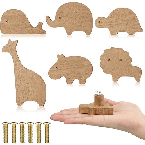 Qunclay Wooden Animal Cabinet Knobs Decorative Wood Dresser Knobs with Screws Dresser Pulls Marine Woodland Natural Wild Animals Pulls Handles Nursery for Home Furniture Decor(Zoo,6 Sets)