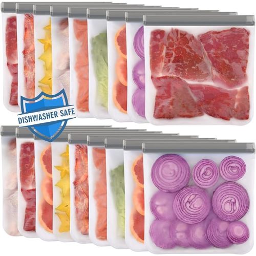 Lerine 18 Pack Reusable Gallon Freezer Bags Dishwasher Safe, BPA Free Reusable freezer Bags 1 Gallon, Leakproof Food Storage Bags for Meal Prep, Fridge Kitchen Organization (Gray, 18Gallon)
