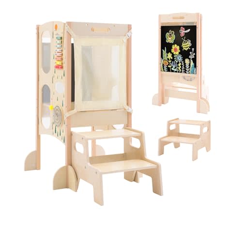 OgiOgi Toddler Kitchen Step Stool, Foldable Toddler Tower with 2 Step Stool, Wooden Standing Tower with Activity Games, Chalk-Whiteboard & Safety Net for 1-4 Year Kids Kitchen Counter Learning
