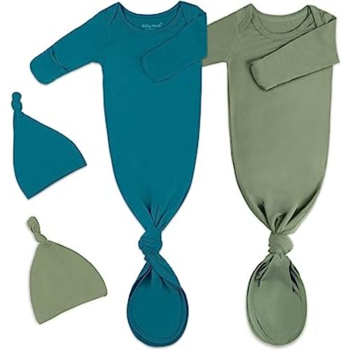 2Pk Newborn Baby Knotted Gown, Super Soft Silky Infant Long Sleeve Sleeper for Baby Sleeping with Hat or Headband (2 Packs)