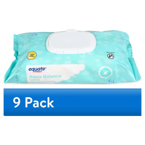 (9 pack) Equate Aqua Balance Wipes with 99% Water, Unscented, 72 Wipes (Flip-Top Pack), Compare to Water Wipes®