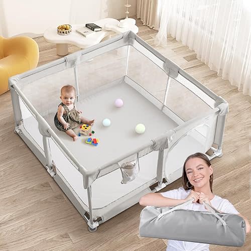 Baby Playpen, 50x50 Inch Playpens for Babies and Toddlers, Play Pen with Carrying Bag, Play Yard for Indoor and Outdoor with Visible Mesh(Light Gray)