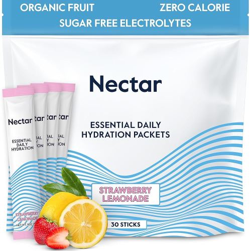 Nectar Hydration Packets - Electrolytes Powder Packets - No Sugar or Calories - Organic Fruit Liquid Daily IV Hydrate Packets for Dehydration Relief & Rehydration (Strawb. Lemon 30 Pack)