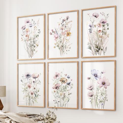 Set of 6 Botanical Wall Art, Watercolor Flowers, Gallery Wall Set, Wildflower Posters Art, Home Decor, Meadow Floral Watercolor Set Prints
