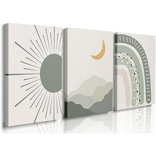 igno Boho Nursery Print Set of 3,Sun Rainbow Moon Baby Room Posters,Sage Green Wall Art Celestial Bedroom Kids Room Wall Art Decor, Abstract Art Prints,Mid Century Mountain Art for Home Decor 12"x16"