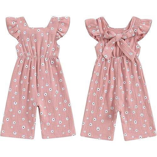 GOOCHEER Toddler Baby Girls Outfit Flower Print Jumpsuit Sleeveless Bowknot Romper Overall Pants Summer Clothes