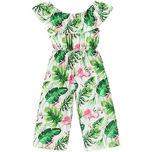Toddler Kids Girls Palm Leaf Wide Leg Jumpsuit Ruffle Off-Shoulder Romper Overalls Hawaii Outfit Clothing