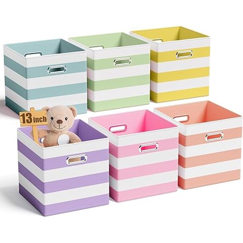 CroBlissful 6 Pcs 13 Inch Fabric Storage Cubes with Metal Handle Back to School Classroom Supplies Macaron Colored Striped Style Collapsible Bins Organizer for School Nursery Shelves Clothes Gift
